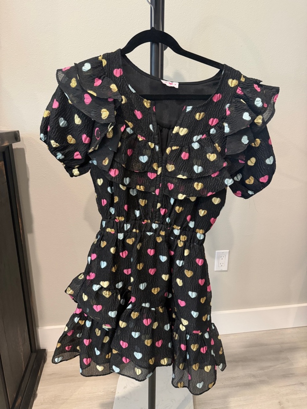 Buddy Love Black Heart Print Ruffle Dress with Pink, Blue & Gold Hearts